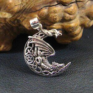 Solid 925 Sterling Silver Celtic Dragon Moon Pendant - Medieval Pagan Jewelry
